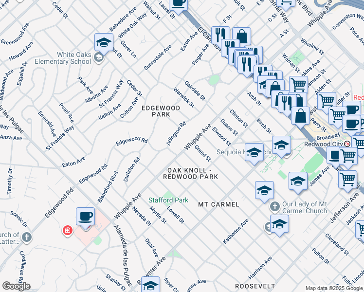 map of restaurants, bars, coffee shops, grocery stores, and more near 1842 Whipple Avenue in Redwood City