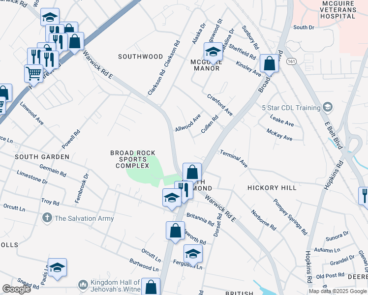map of restaurants, bars, coffee shops, grocery stores, and more near 4884 Warwick Road in Richmond