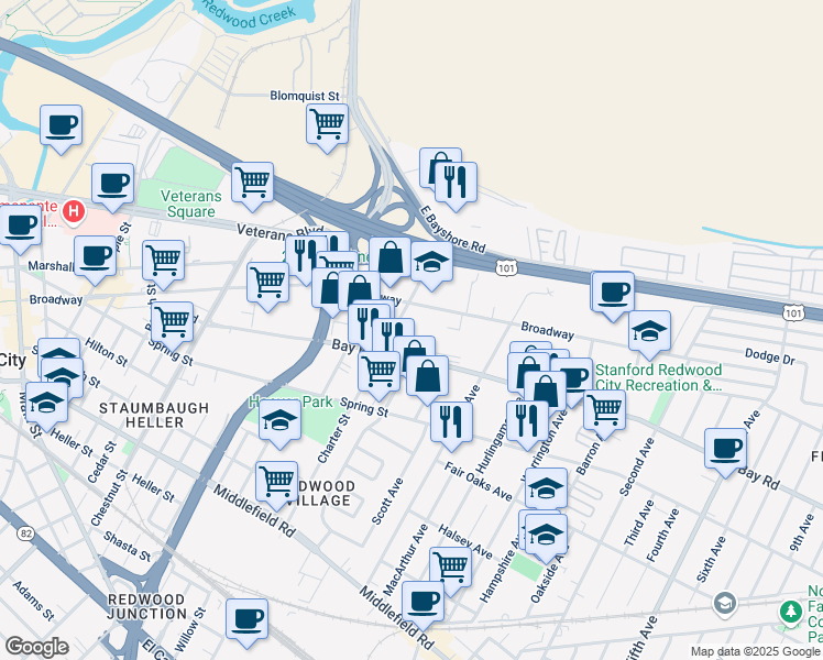 map of restaurants, bars, coffee shops, grocery stores, and more near 2385 Bay Road in Redwood City
