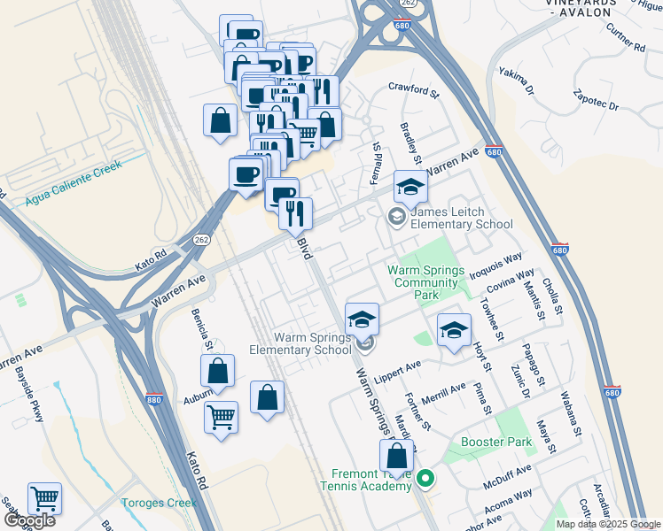 map of restaurants, bars, coffee shops, grocery stores, and more near 47112 Warm Springs Boulevard in Fremont