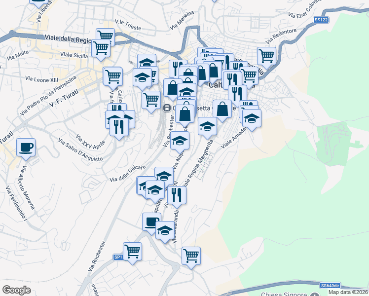 map of restaurants, bars, coffee shops, grocery stores, and more near 129 Via Niscemi in Caltanissetta