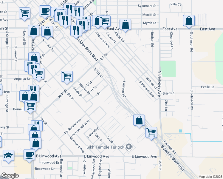 map of restaurants, bars, coffee shops, grocery stores, and more near 1024 South 1st Street in Turlock