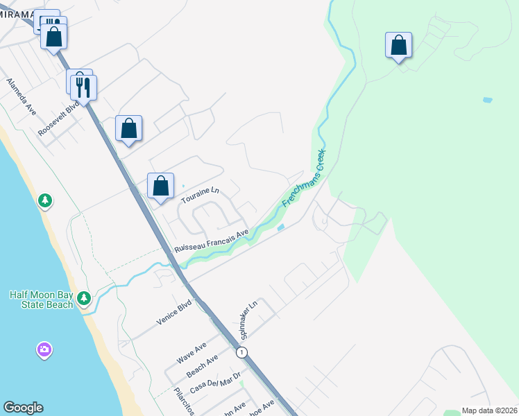 map of restaurants, bars, coffee shops, grocery stores, and more near 728 Le Mans Way in Half Moon Bay