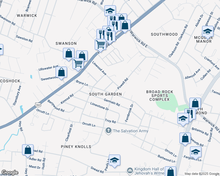 map of restaurants, bars, coffee shops, grocery stores, and more near 1921 Ellington Street in Richmond