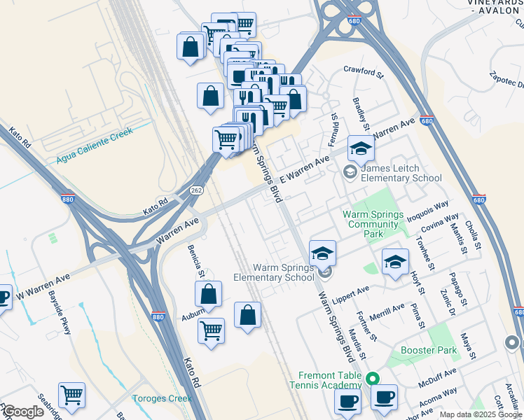 map of restaurants, bars, coffee shops, grocery stores, and more near in Fremont