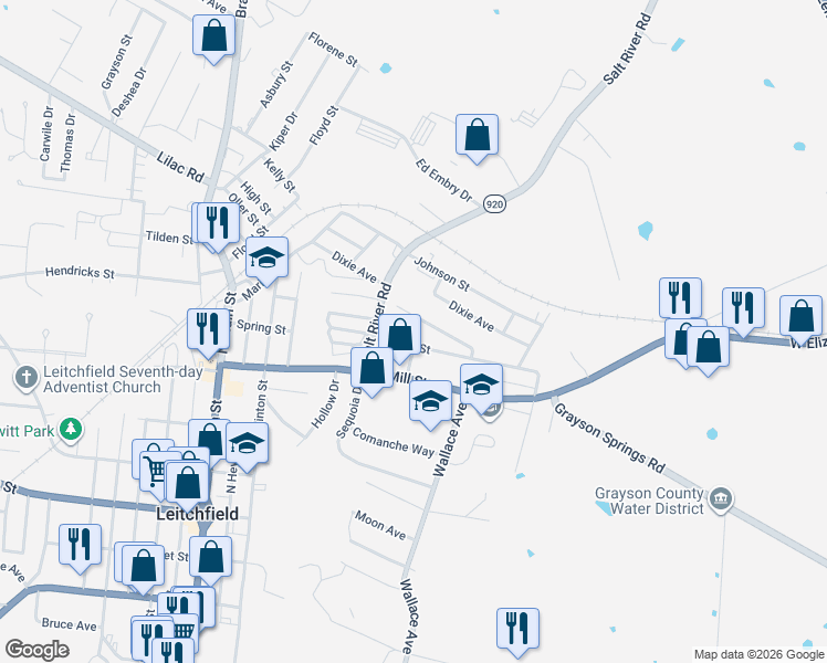 map of restaurants, bars, coffee shops, grocery stores, and more near 501-545 Alexander Drive in Leitchfield