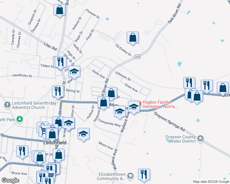 map of restaurants, bars, coffee shops, grocery stores, and more near 501-545 Alexander Drive in Leitchfield