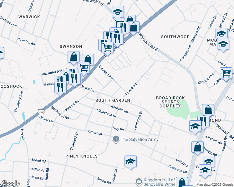 map of restaurants, bars, coffee shops, grocery stores, and more near 1921 Ellington Street in Richmond