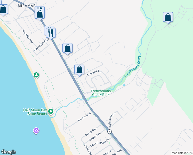 map of restaurants, bars, coffee shops, grocery stores, and more near 1 Le Havre Place in Half Moon Bay
