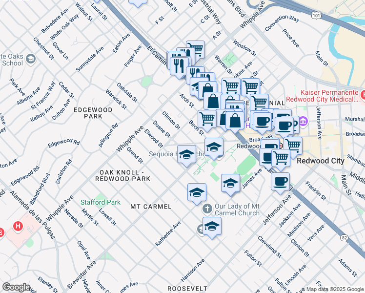 map of restaurants, bars, coffee shops, grocery stores, and more near 3039 Broadway Street in Redwood City