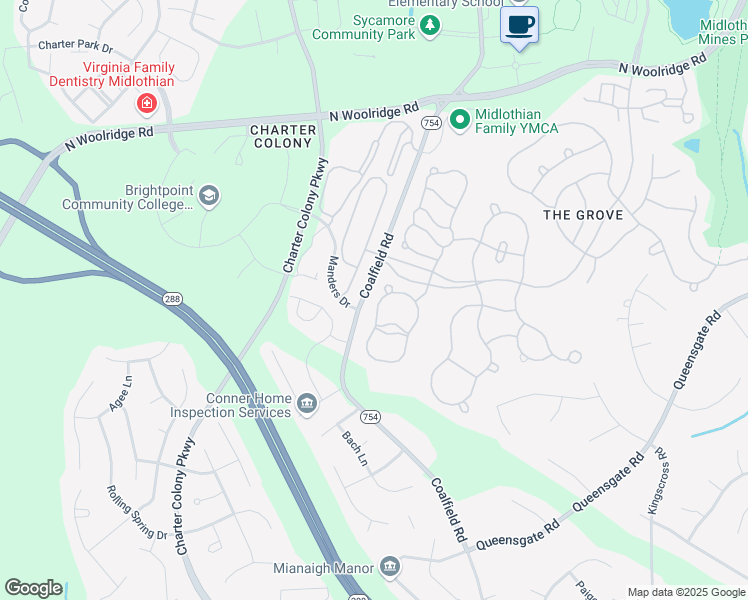 map of restaurants, bars, coffee shops, grocery stores, and more near 1425 Hawkins Wood Circle in Midlothian