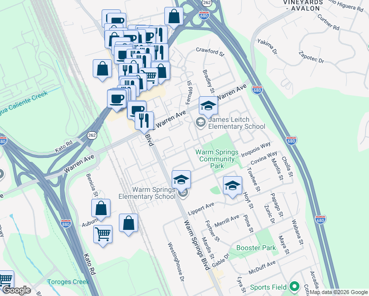 map of restaurants, bars, coffee shops, grocery stores, and more near 260 Hackamore Lane in Fremont