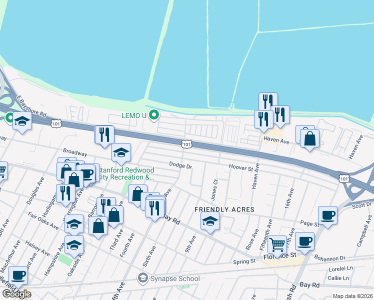 map of restaurants, bars, coffee shops, grocery stores, and more near 3212 Rolison Road in Redwood City