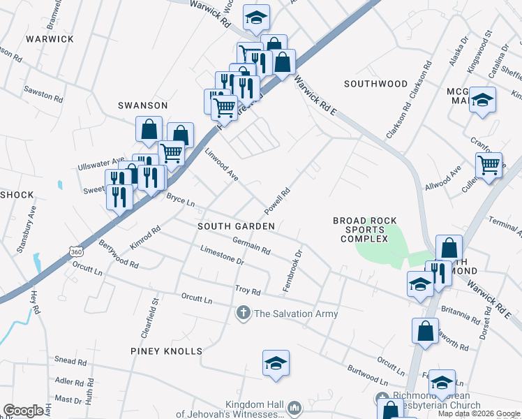 map of restaurants, bars, coffee shops, grocery stores, and more near 5308 Linwood Avenue in Richmond