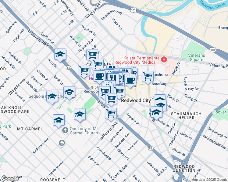 map of restaurants, bars, coffee shops, grocery stores, and more near in Redwood City