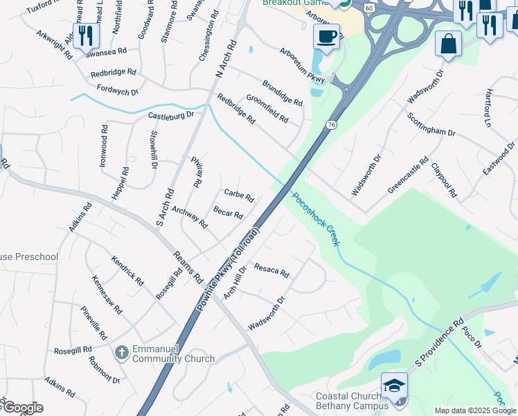 map of restaurants, bars, coffee shops, grocery stores, and more near 125 Rosegill Road in Richmond