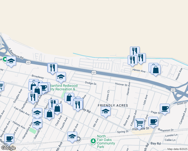 map of restaurants, bars, coffee shops, grocery stores, and more near 3212 Rolison Road in Redwood City