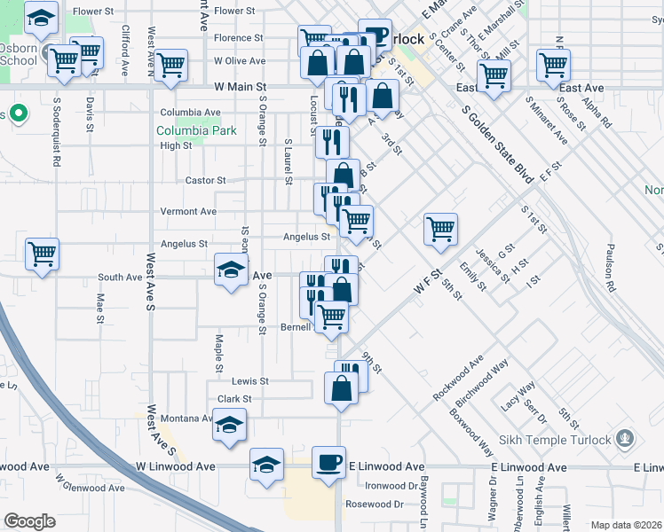 map of restaurants, bars, coffee shops, grocery stores, and more near 700 Lander Avenue in Turlock
