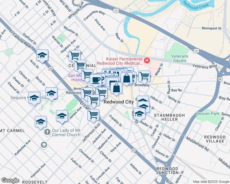 map of restaurants, bars, coffee shops, grocery stores, and more near in Redwood City