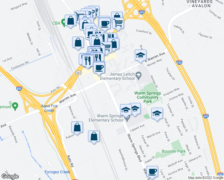 map of restaurants, bars, coffee shops, grocery stores, and more near in Fremont