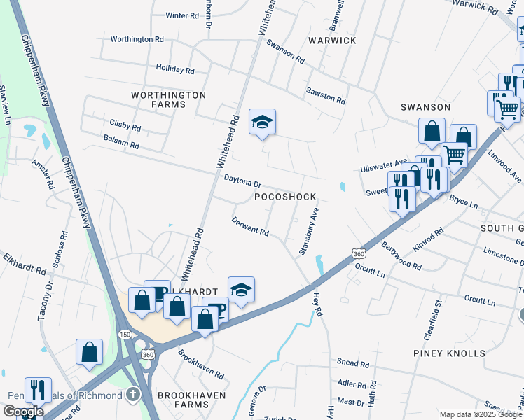 map of restaurants, bars, coffee shops, grocery stores, and more near 1624 Bramwell Road in Richmond