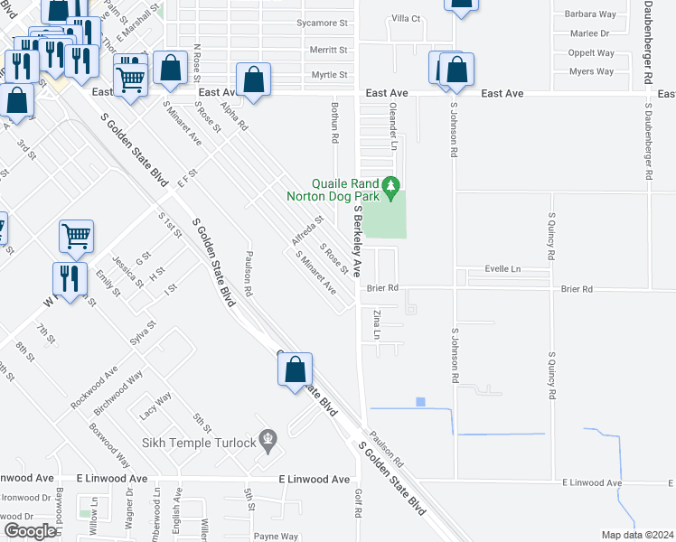 map of restaurants, bars, coffee shops, grocery stores, and more near 1224 South Rose Street in Turlock