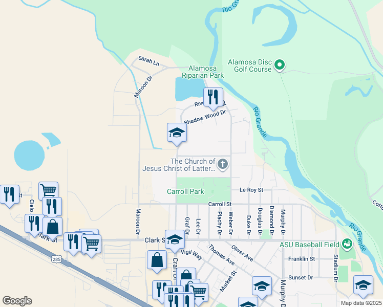 map of restaurants, bars, coffee shops, grocery stores, and more near 2705 Park Avenue in Alamosa