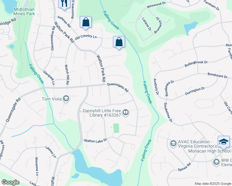 map of restaurants, bars, coffee shops, grocery stores, and more near 12524 Shadyglen Court in Midlothian