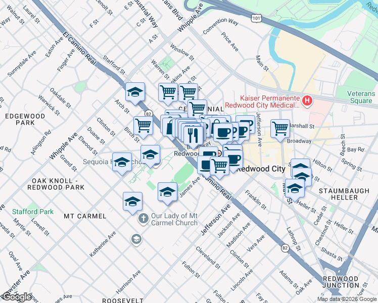 map of restaurants, bars, coffee shops, grocery stores, and more near 2606 Broadway in Redwood City