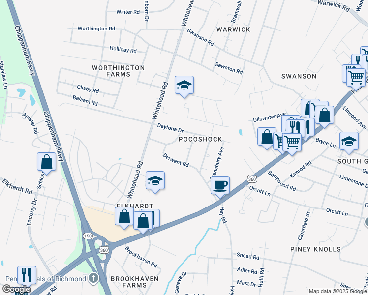 map of restaurants, bars, coffee shops, grocery stores, and more near 1624 Bramwell Road in Richmond