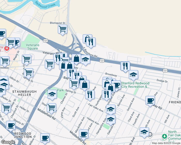 map of restaurants, bars, coffee shops, grocery stores, and more near 750 Broadway in Redwood City