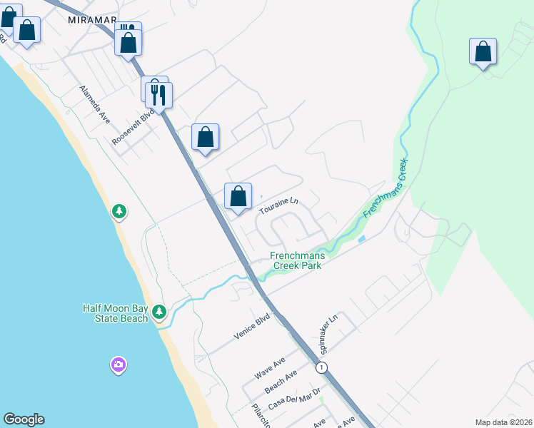 map of restaurants, bars, coffee shops, grocery stores, and more near 2037 Touraine Lane in Half Moon Bay