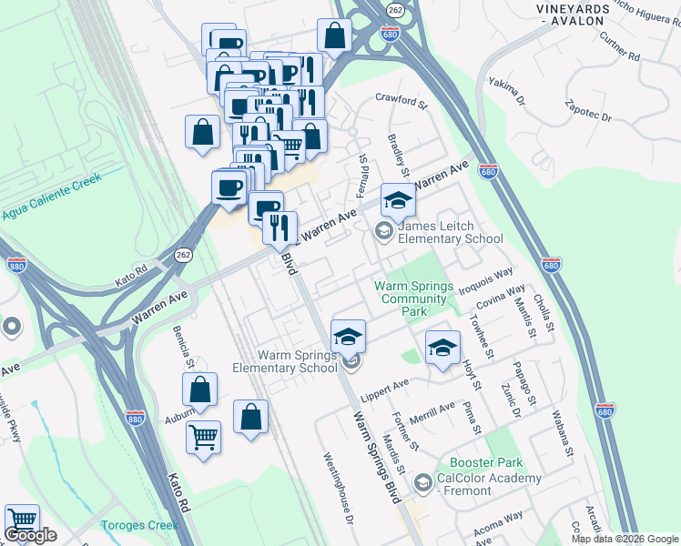 map of restaurants, bars, coffee shops, grocery stores, and more near 178 Hackamore Common in Fremont