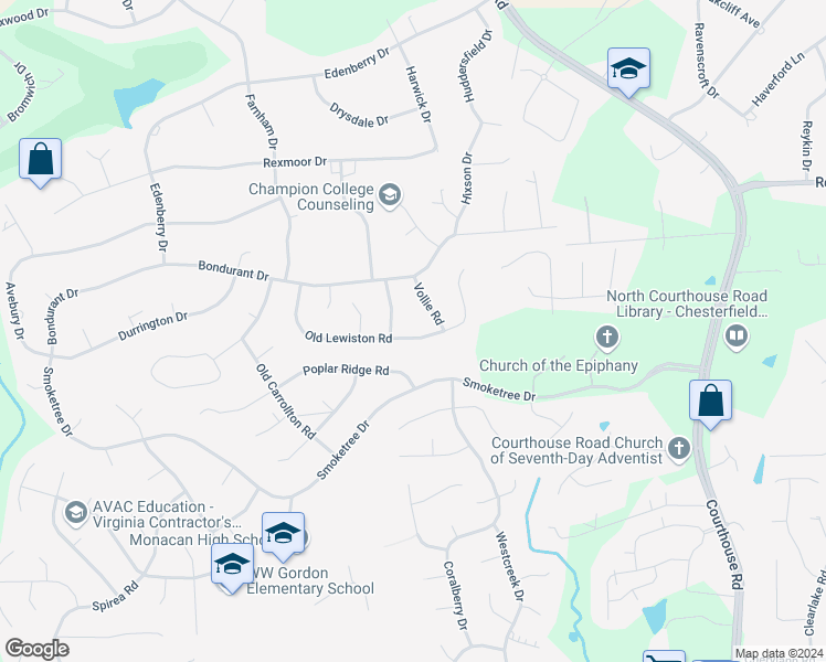 map of restaurants, bars, coffee shops, grocery stores, and more near 11430 Old Lewiston Road in Chesterfield County