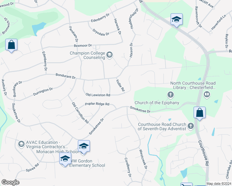 map of restaurants, bars, coffee shops, grocery stores, and more near 11430 Old Lewiston Road in Chesterfield County