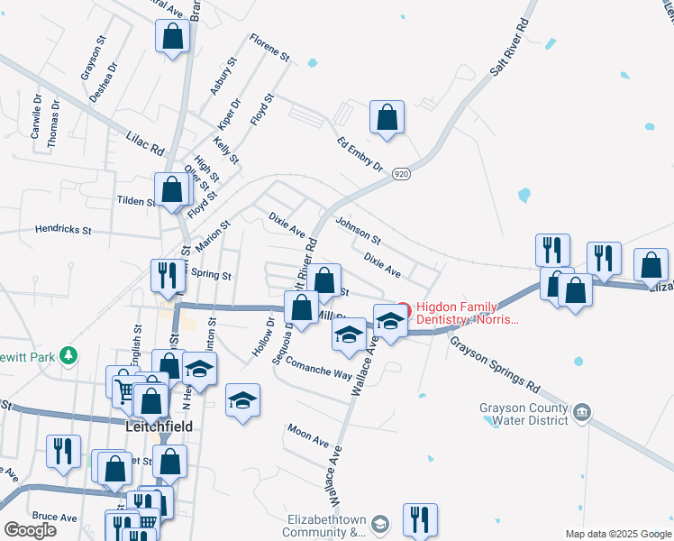 map of restaurants, bars, coffee shops, grocery stores, and more near 501-545 Alexander Drive in Leitchfield