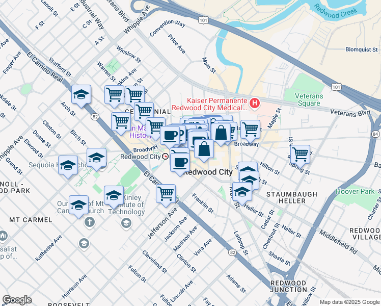 map of restaurants, bars, coffee shops, grocery stores, and more near 2107 Broadway in Redwood City