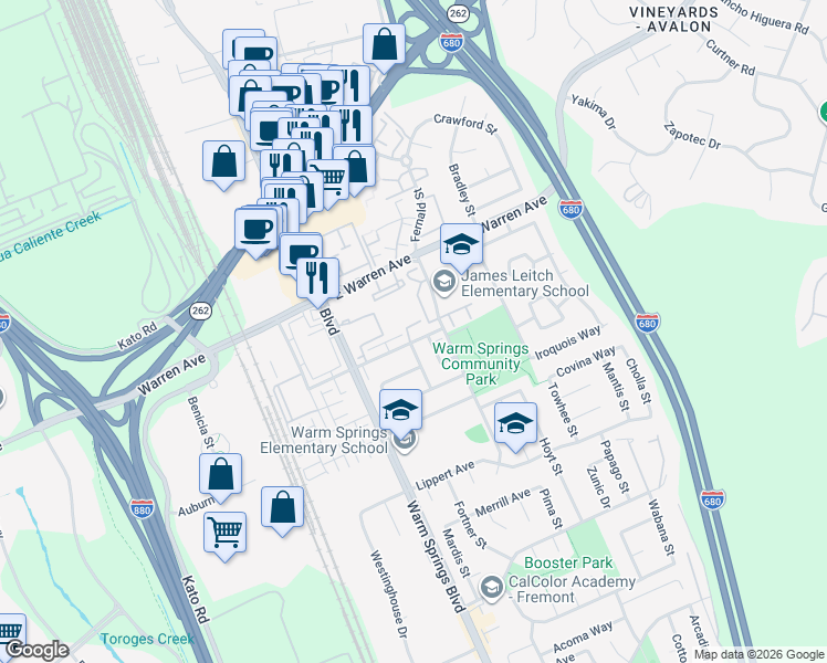 map of restaurants, bars, coffee shops, grocery stores, and more near 286 Hackamore Common in Fremont