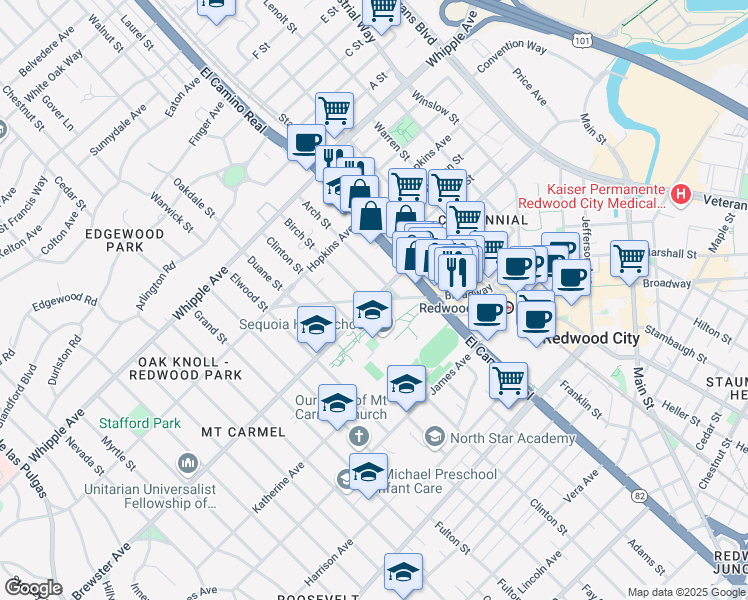 map of restaurants, bars, coffee shops, grocery stores, and more near 1201 Brewster Avenue in Redwood City
