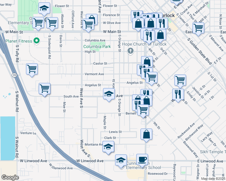 map of restaurants, bars, coffee shops, grocery stores, and more near 630 Spruce Street in Turlock