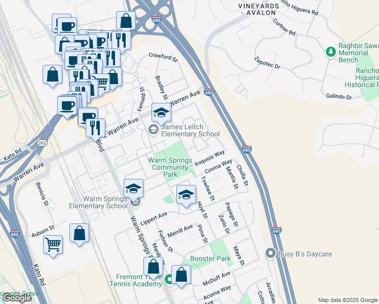 map of restaurants, bars, coffee shops, grocery stores, and more near 636 Choctaw Drive in Fremont