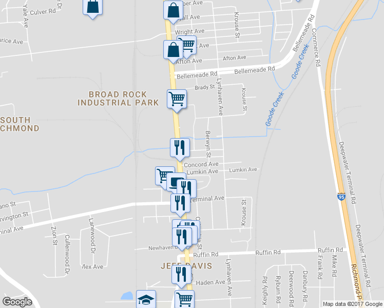 map of restaurants, bars, coffee shops, grocery stores, and more near 2414 Yorktown Avenue in Richmond