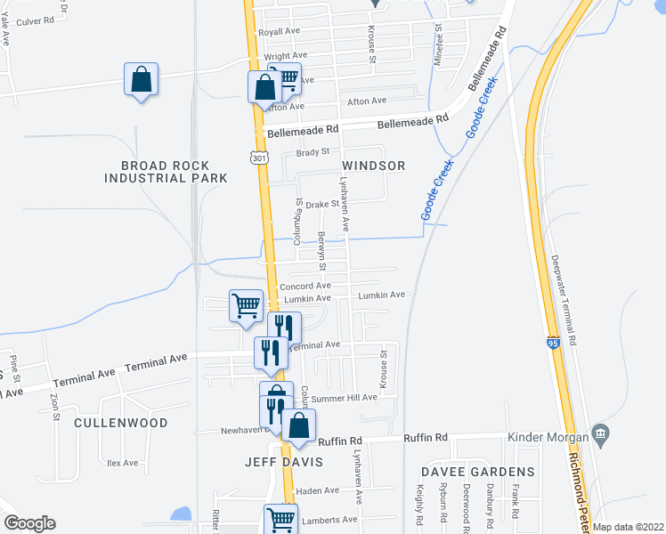 map of restaurants, bars, coffee shops, grocery stores, and more near 2308 Yorktown Avenue in Richmond