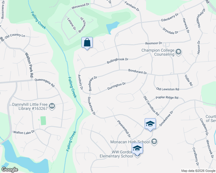 map of restaurants, bars, coffee shops, grocery stores, and more near 102 Durrington Place in Richmond