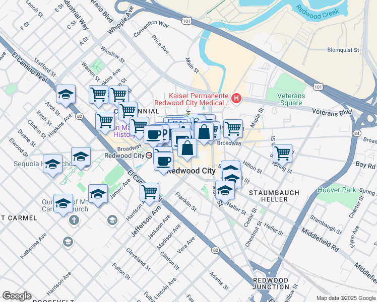map of restaurants, bars, coffee shops, grocery stores, and more near 2107 Broadway in Redwood City