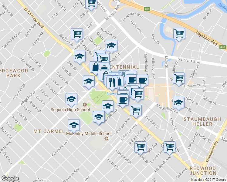 map of restaurants, bars, coffee shops, grocery stores, and more near 2639 Broadway St in Redwood City