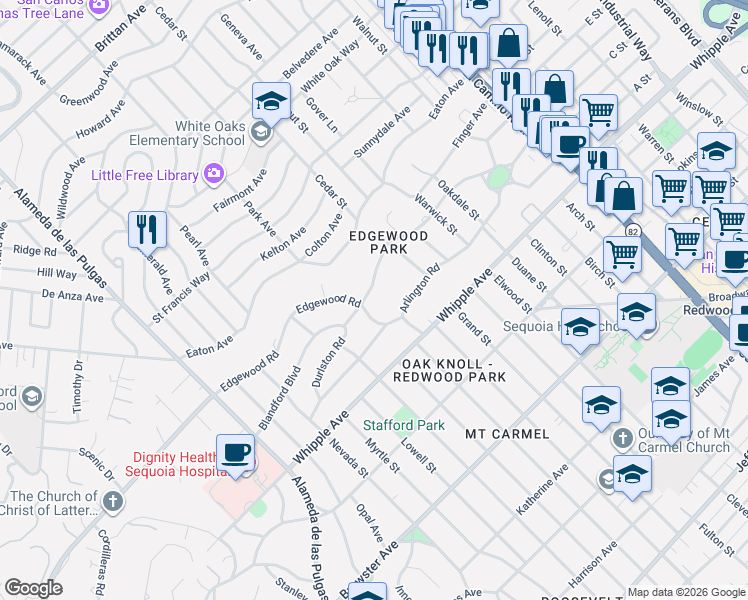 map of restaurants, bars, coffee shops, grocery stores, and more near 765 Edgewood Road in Redwood City