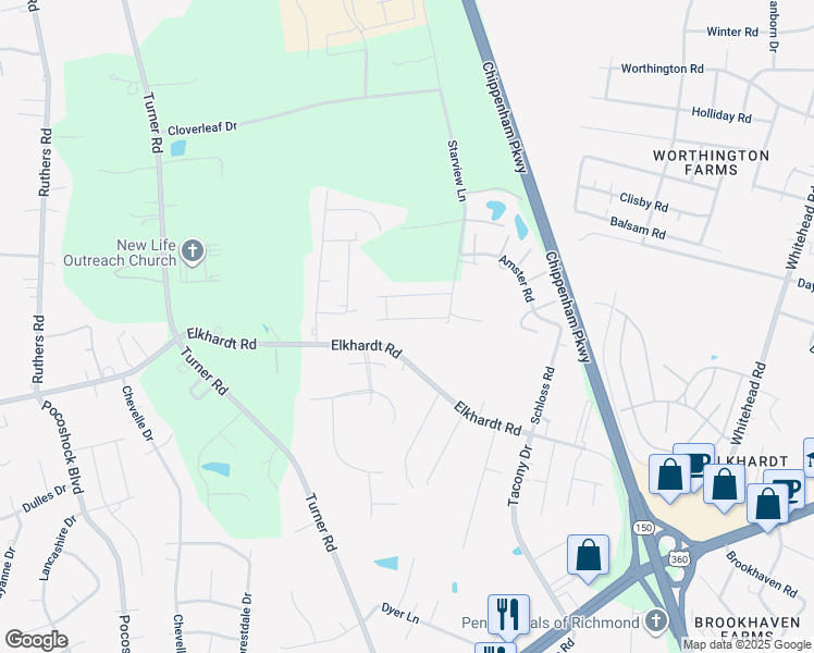 map of restaurants, bars, coffee shops, grocery stores, and more near 7115 Carriage Pines Drive in Richmond