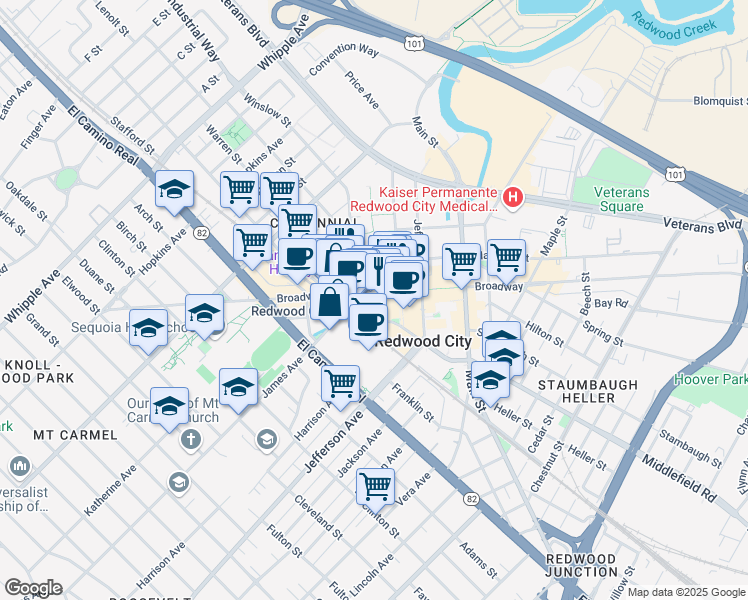 map of restaurants, bars, coffee shops, grocery stores, and more near in Redwood City