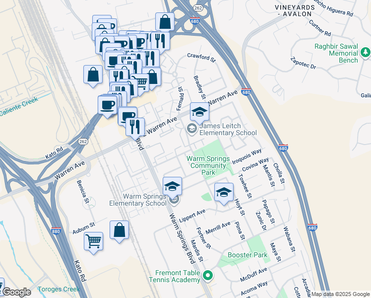 map of restaurants, bars, coffee shops, grocery stores, and more near 47129 Benns Terrace in Fremont